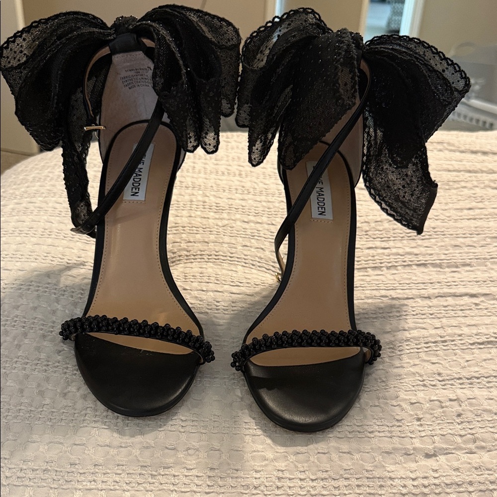 Steve Madden Black Beaded Bow Ankle Strap Heels